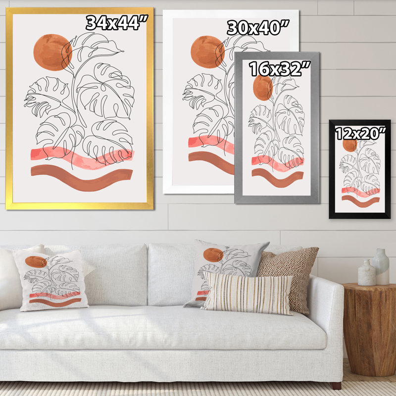 One Line Tropical Leaf Plant - Peinture sur toile, H 32 po x l 16 po x P 1 po, Cadre doré
