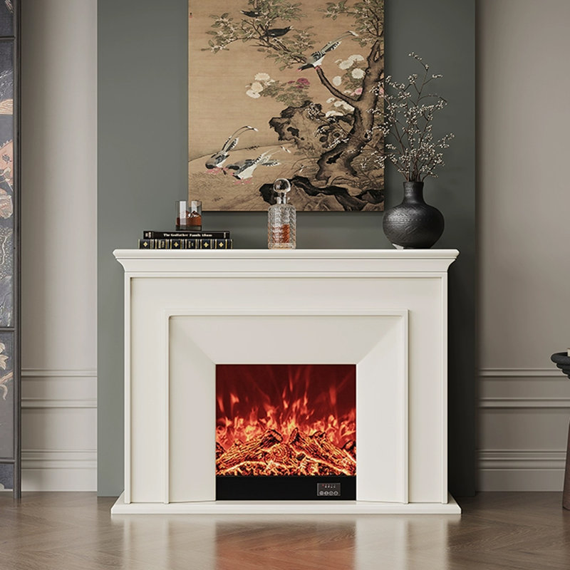 Beige Solid Wood Electric Fireplace