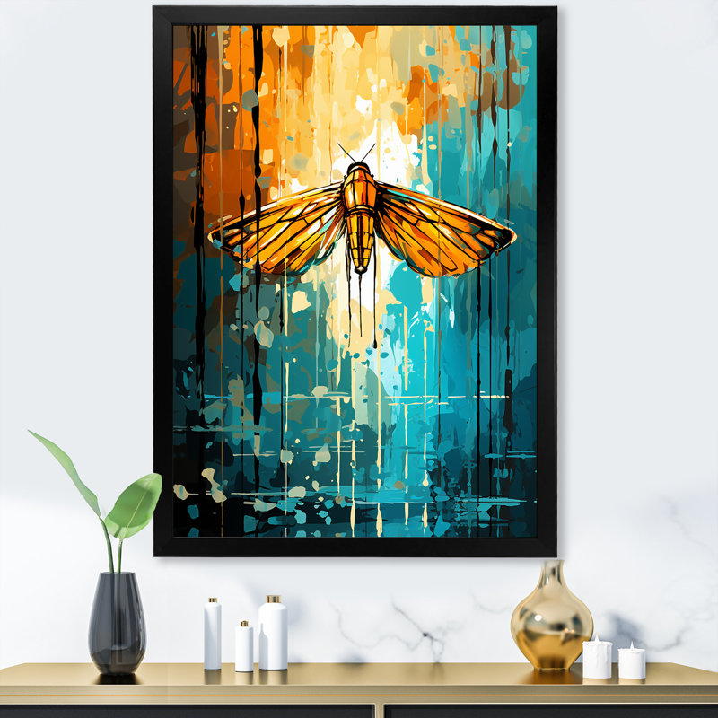Art mural vert et jaune avec insectes Moth II - insectes et insectes, Cadre simple noir, H 40 po x l 30 po x P 1,5 po