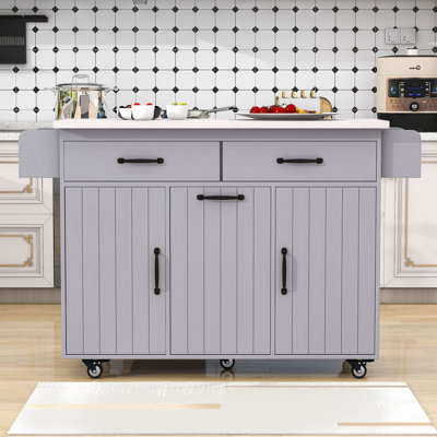 Okeima Kitchen Island Cart with Drop Leaf, Spice and Towel Racks, Trash Can Storage and Rolling Wheels by Latitude Run