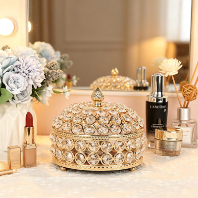 Crystal Jewelry Box for Women, Gold Treasure Box Jewelry Organizer with Mirrored Base, Sparkling Trinket Storage Holder for Rings Earrings, Luxury Home Decor Keepsake Box