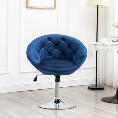 Fauteuil d'appoint en velours bleu avec base hydraulique et métal chromé, pivotant à 360 degrés, l 27,52 po