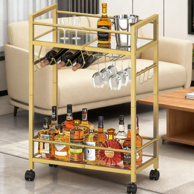 Mobile Bar Cart With Mirrored Shelves, Wine Rack And Glass Holders - Multifunctional Serving Cart For Kitchen, Dining Room And Living Room