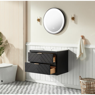 Meuble-lavabo simple mural de 30 po, entièrement lavable, lavabo en céramique nettoyable, tiroirs spacieux, conception étagée, bois massif forgé à haute température +
