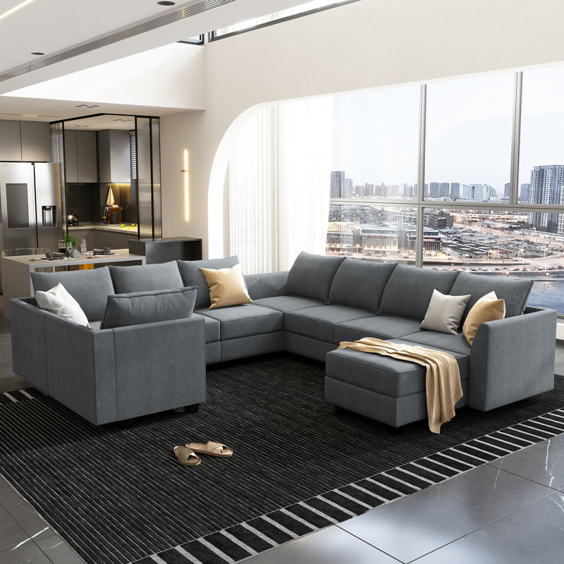 Modular U-Shaped Sectional with Storage , Bluish Gray Polyester