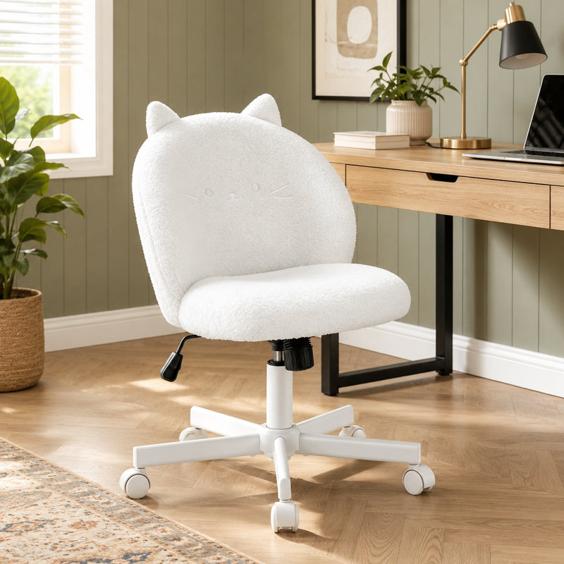White Teddy Fabric Cat-Back Armless Cute Desk Chair, Adjustable Height, 120-Degree Tilt, Rolling Swivel for Kids Room or Vanity