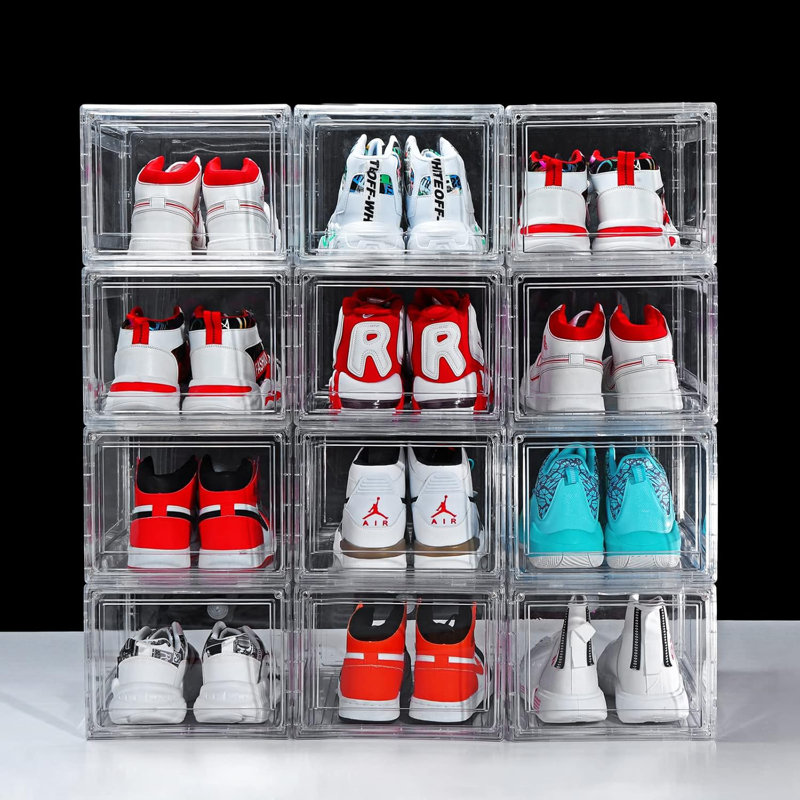 Clear Acrylic Plastic Shoe Storage Boxes, Stackable Foldable Drop Front Design With Lids, Space-Saving Shoe Organizer