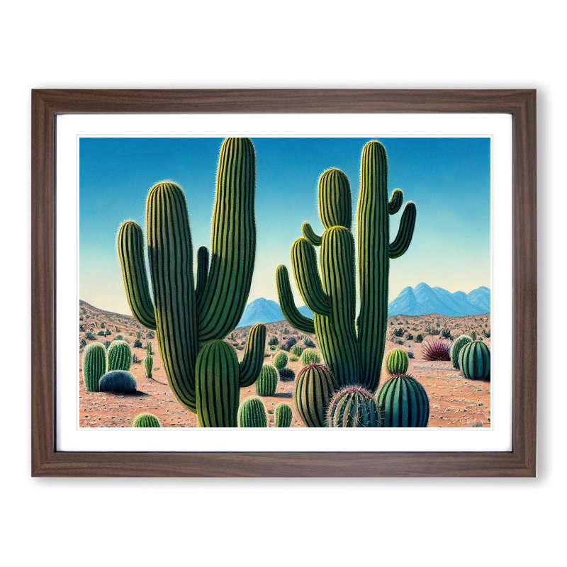 Desert Cactus - Single Picture Frame Print, 25cm H x 34cm W x 2cm D, Walnut