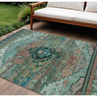 Tapis intérieur/extérieur lavable, bleu sarcelle, cuivre et or, à motifs tribaux, 2,44 m x 3,05 m.
