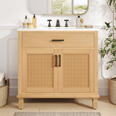 Rattan Bathroom Vanity with Ceramic Sink, Featuring Soft Close Doors and Drawers, Free - standing Design and Ample Storage for Modern Bathrooms