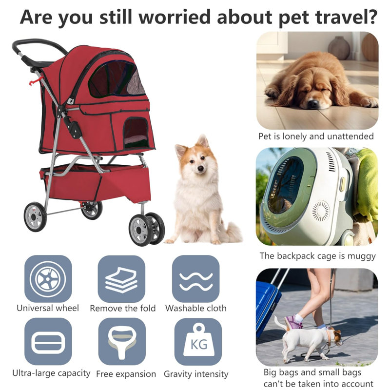 Red 3-Wheel Foldable Alloy Steel Dog Stroller with Storage Basket