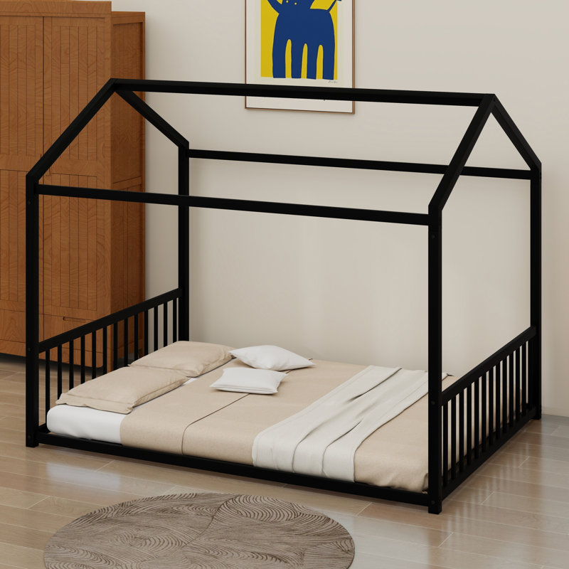 Floor Bed Frame with House Design,and Simple Assembly, Black