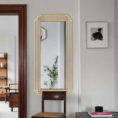 Gold Rectangle Mirror, 47"X22" Geometric Art Deco Mirror With Metal Frame, Modern Elegant Wall Mirrors For Living Room Bathroom Bedroom Entryway Hallway, Hangs Vertically Or Horizontally