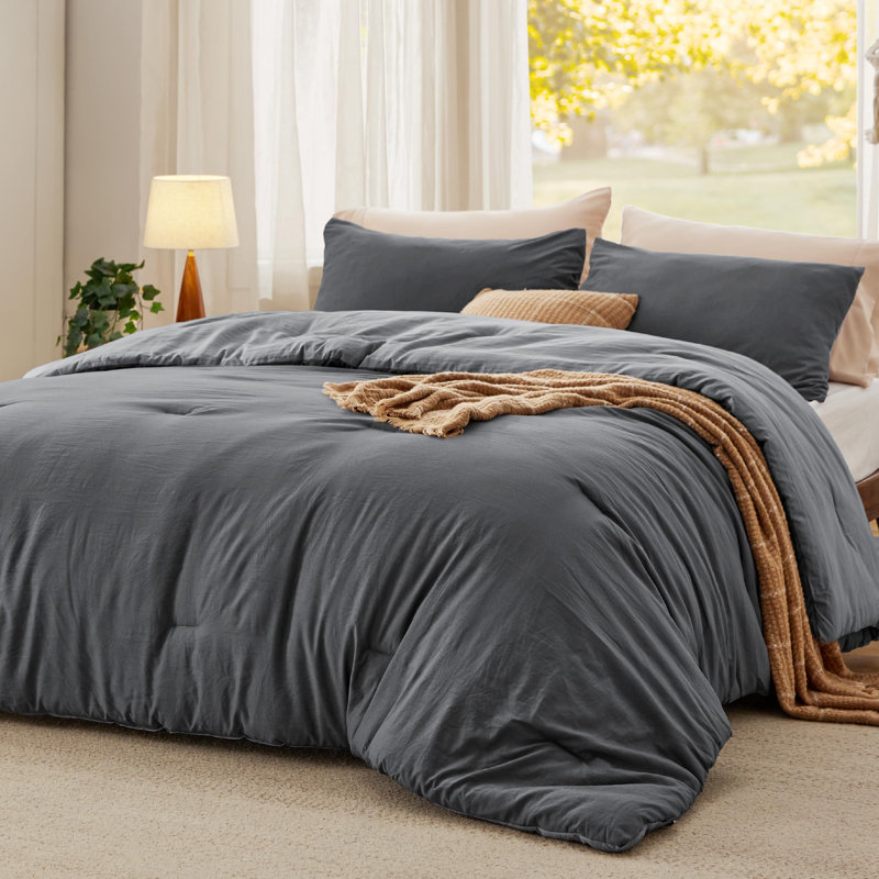 Ensemble d'édredon réversible, Gris foncé / Gris, Grand édredon + 2 taies d'oreiller standard