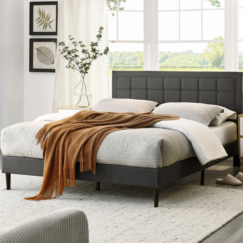 Mornington Dark Grey Linen Upholstered Queen Platform Bed Frame with Tufted Headboard