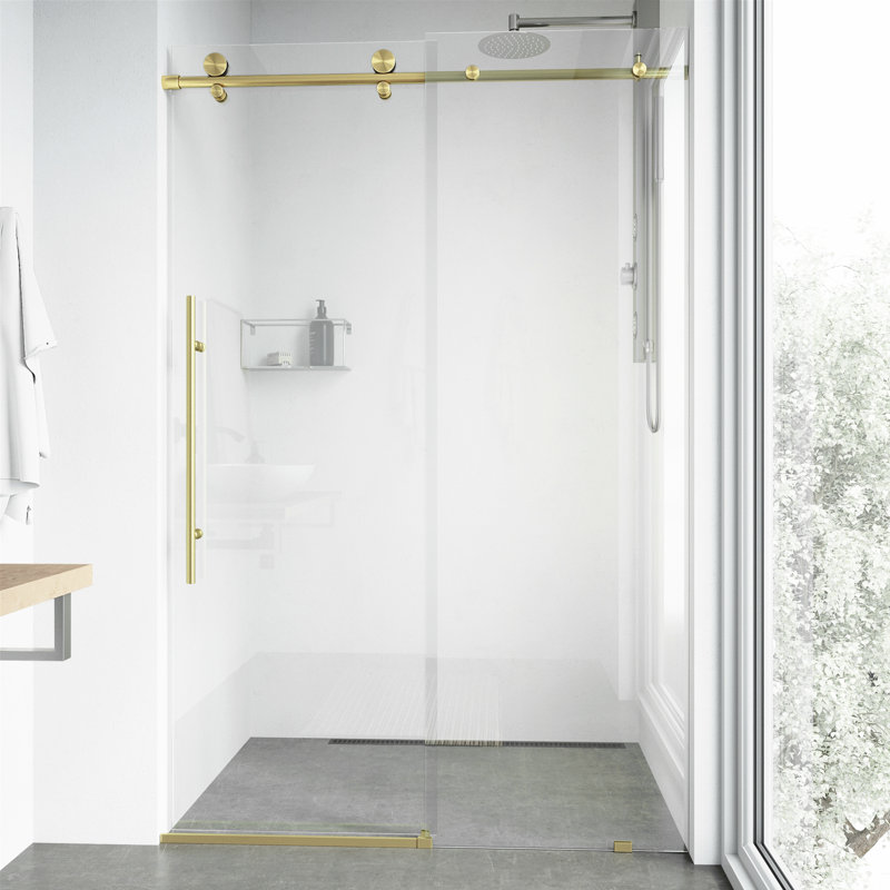 Porte de douche coulissante sans cadre avec verre transparent 3/8 po l 48-52 po x H 76 po Elan, Or brossé mat
