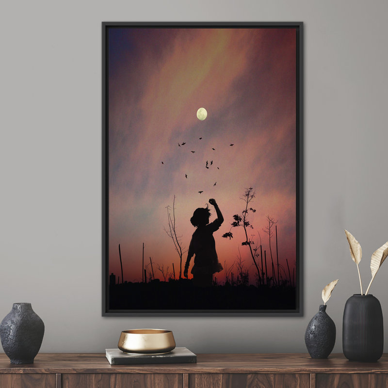 «Sunset Sky and Moon Landscape», reproduction d'art sur toile avec une belle fille, Noir, H 94 po x l 41 po