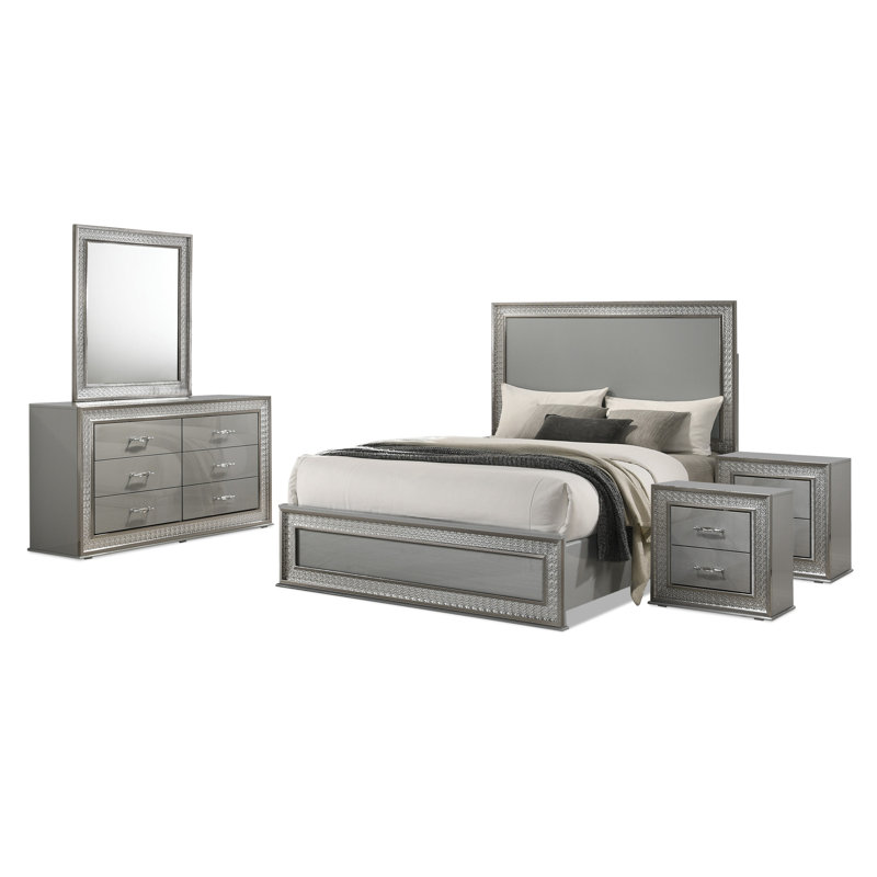Ensemble de chambre Minardi, 5 Pcs: Bed, 2 Nightstand, Dresser, Mirror, Très grand