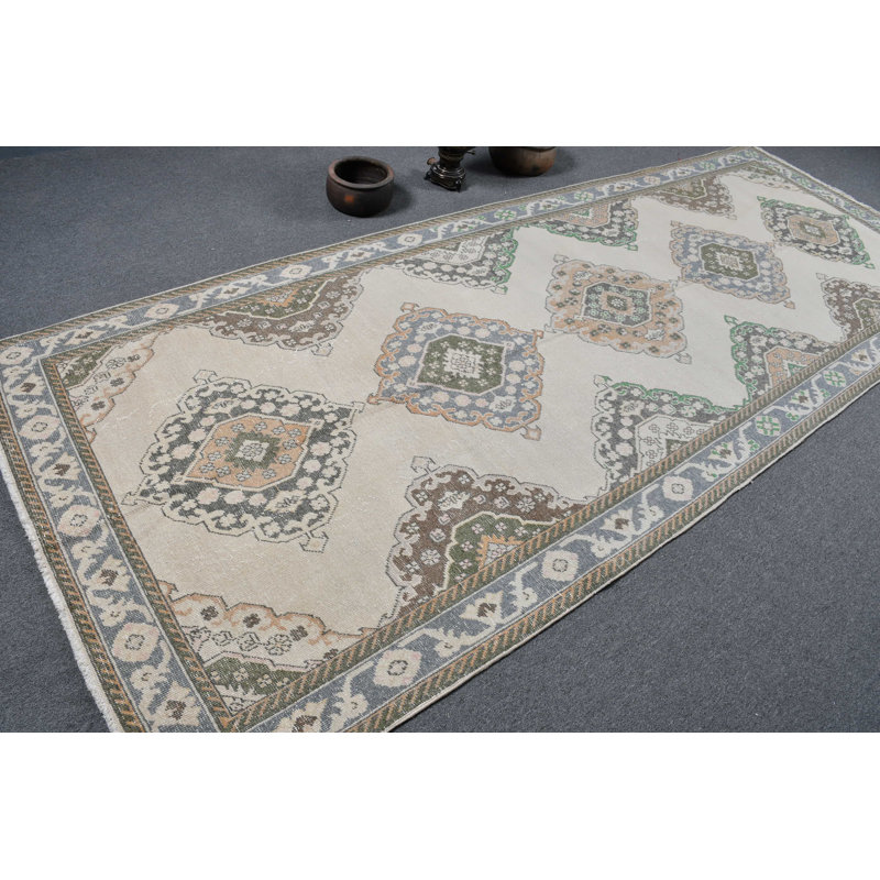 Tapis de couloir authentique turc Oushak, bleu, beige et beige