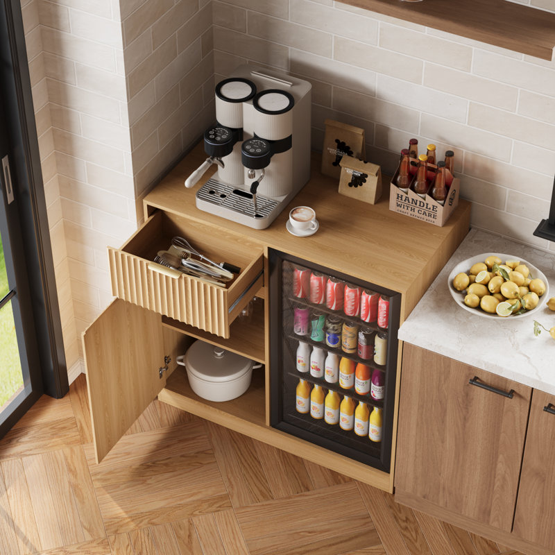 40" W Mini Fridge Cabinet With Power Outlet for Dining Room,Fluted Buffet Sideboard with Adjustable Shelf and Drawers,Coffee Bar Cabinet For Kitchen Dining Room