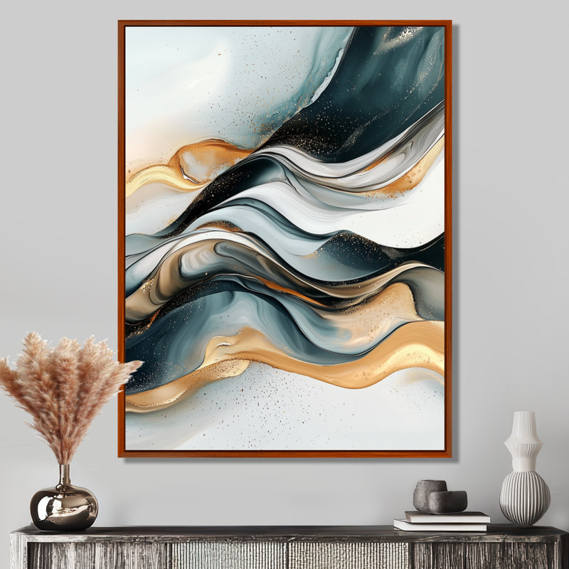 Art abstrait abstrait doré glaciaire de reflets liquides I - Formes, H 32 po x l 16 po, Reproduction avec cadre flottant