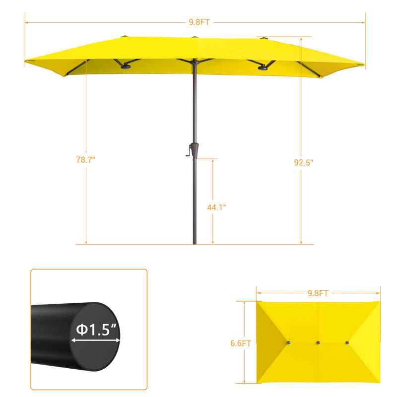 Parasol de patio à double face 10 x 6,5 pi avec grand auvent, Jaune