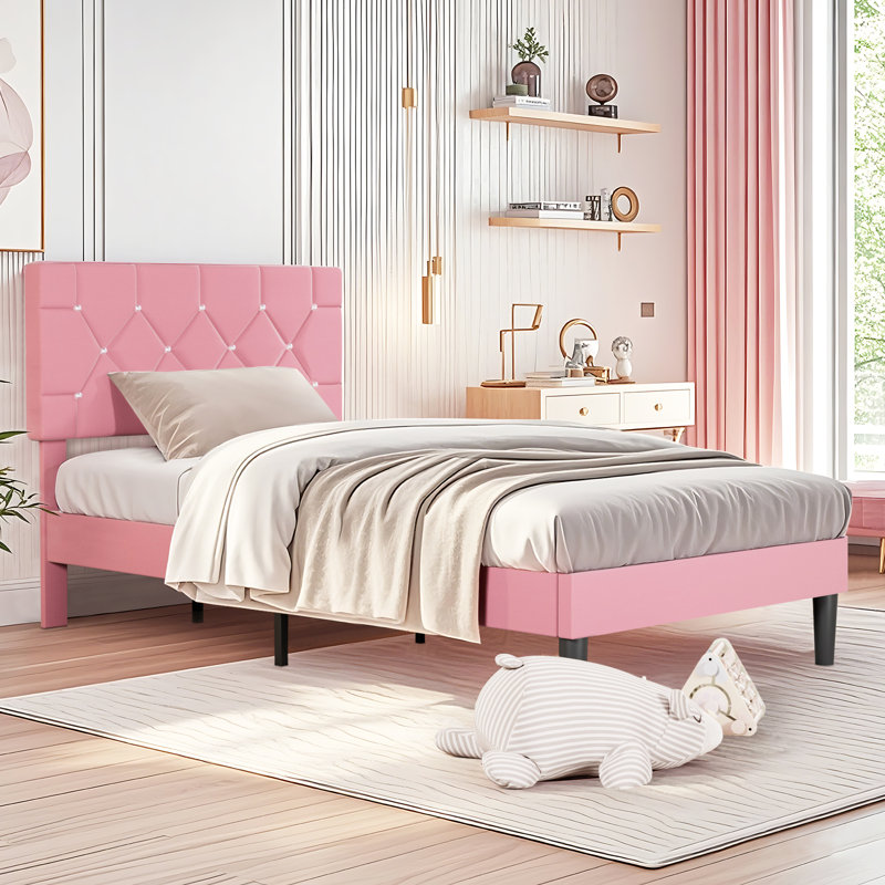Pink Twin Size Velvet Upholstered Platform Bed Frame with Diamond Tufted Headboard, No Box Spring Needed, Twin, Pink