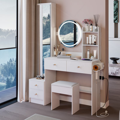 Full Body Mirror Cabinet With Round Mirror LED Vanity Table With Cushioned Stool, With 2 AC With 2 USB Power Station,17" Diameter LED Mirror, Touch Control, 3-Color, Brightness Adjustable, Large Desktop