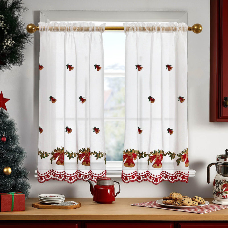 Christmas Golden Bell Decor Rod Pocket Kitchen Tier Curtains (Set of 2), 28" W x 36" L