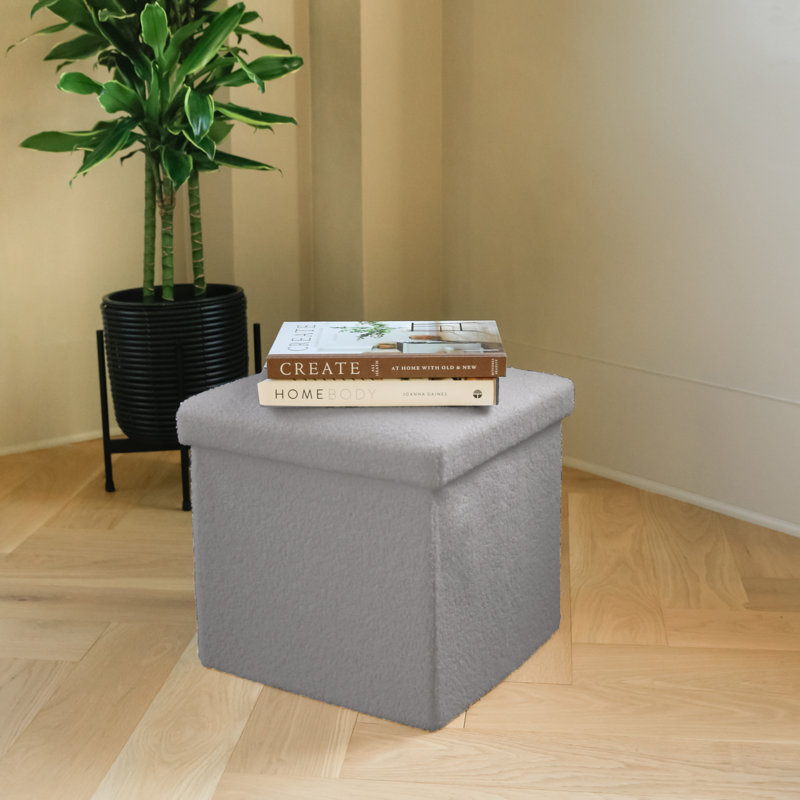 Go-Poufs Knock-Down Medium Cube Teddy Boucle Storage Ottoman | 15"x15"x15" |, Gray Cotton Blend
