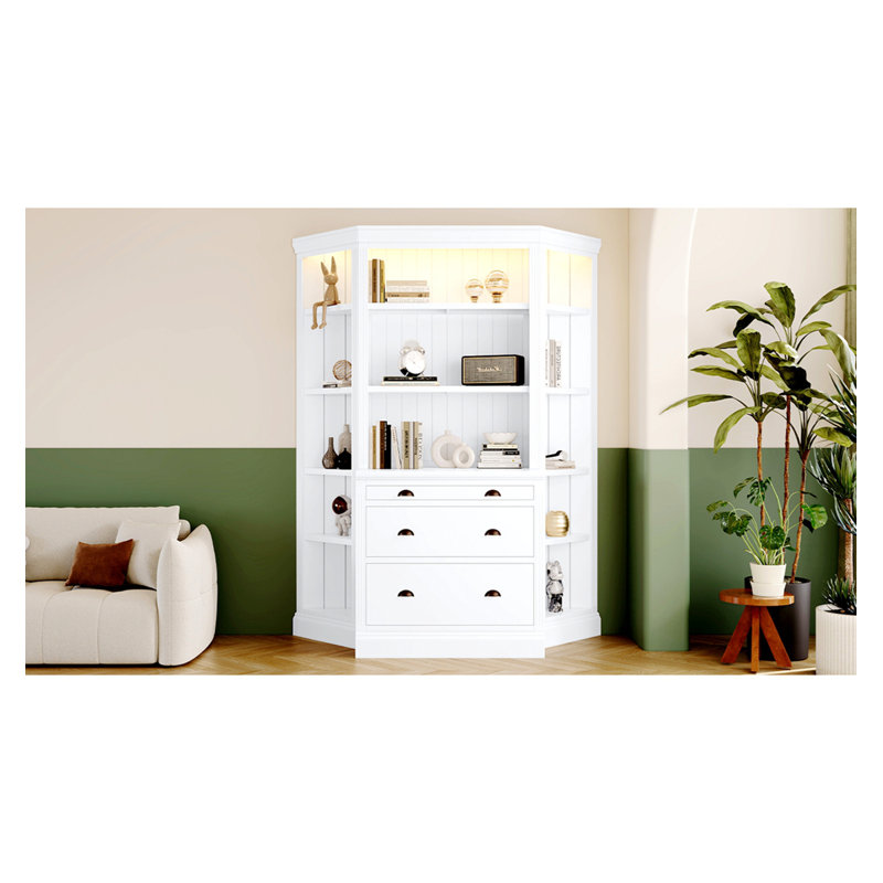 White Adjustable Corner Wood Bookcase Suite with LED Lighting