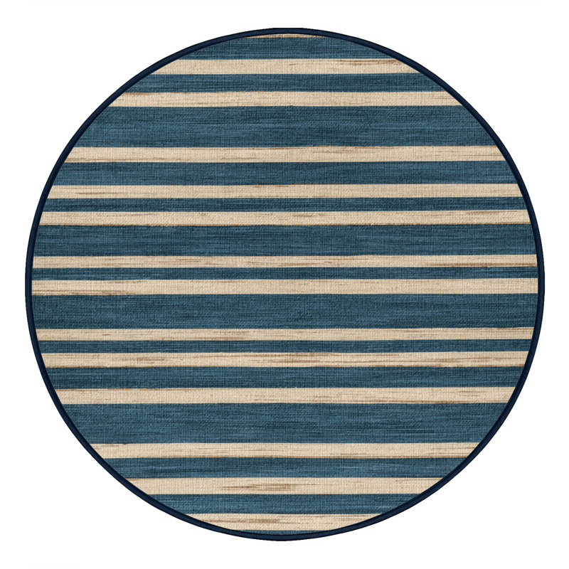  Tapis lavable rayé crème bleu mer, Rond 7 pi