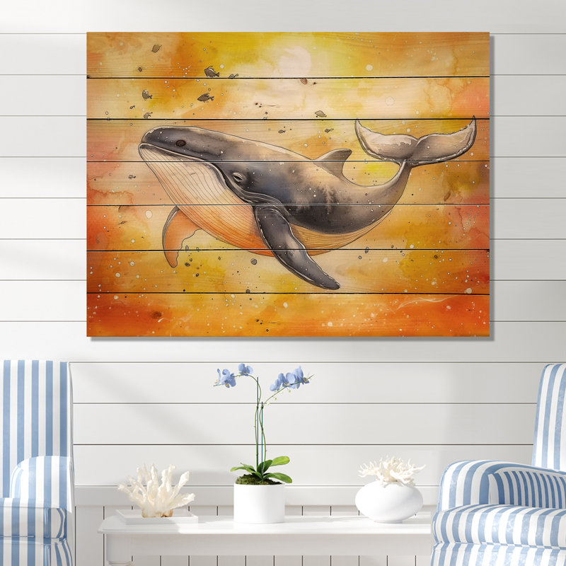 Aquarelle de baleine à bosse dans l'océan II - Art mural traditionnel sur bois de pin naturel, H 34 po x l 44 po