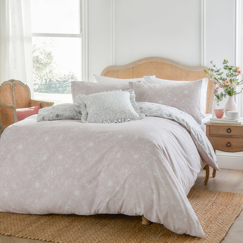 Bella Cotton Blend Floral Duvet Cover Set with Pillowcases, Beige, SuperKing Duvet Cover Set + 2 Standard Pillowcases
