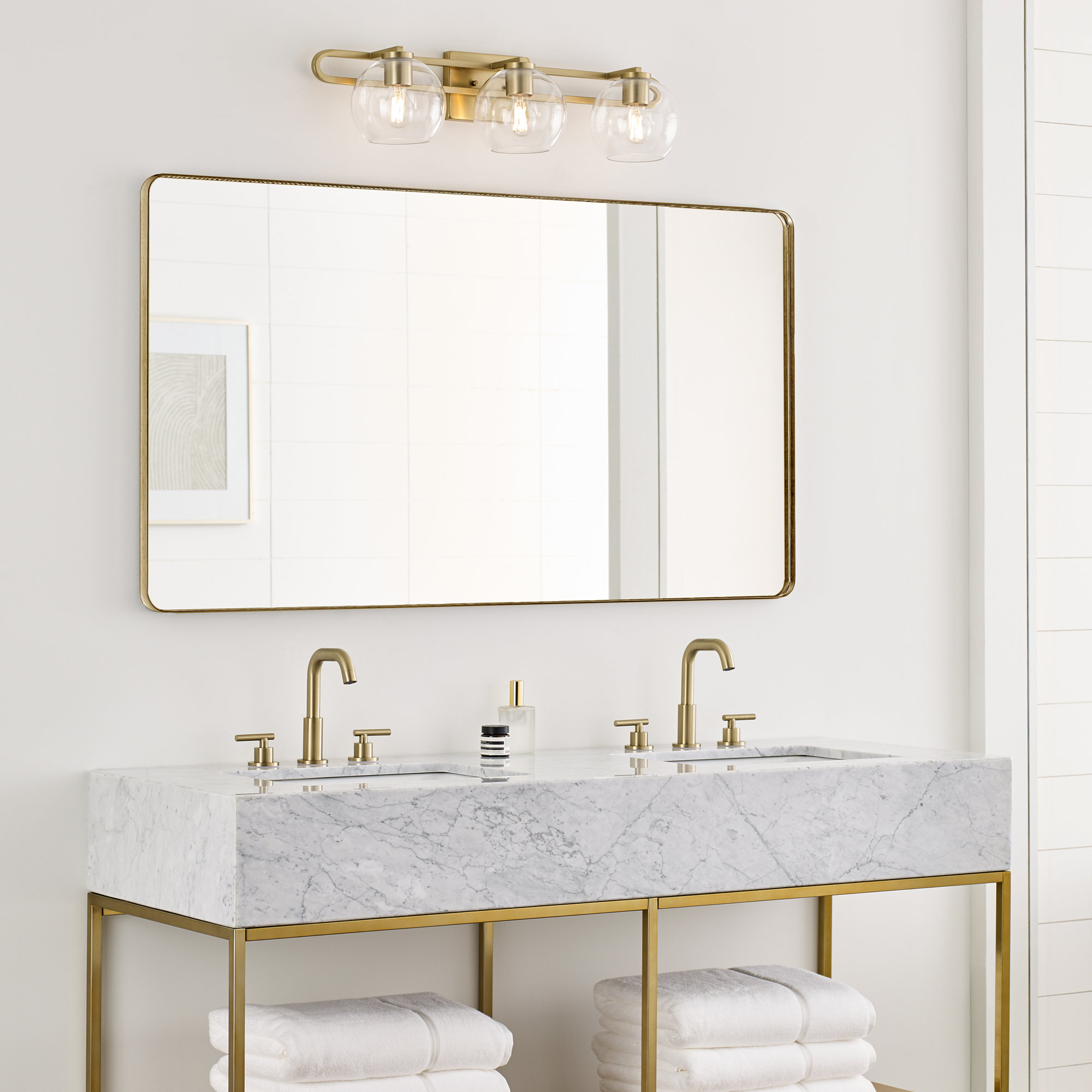 Eveline 7.63" H x 30" W 3-Light Dimmable Metal and Glass Vanity Light, Satin Brass