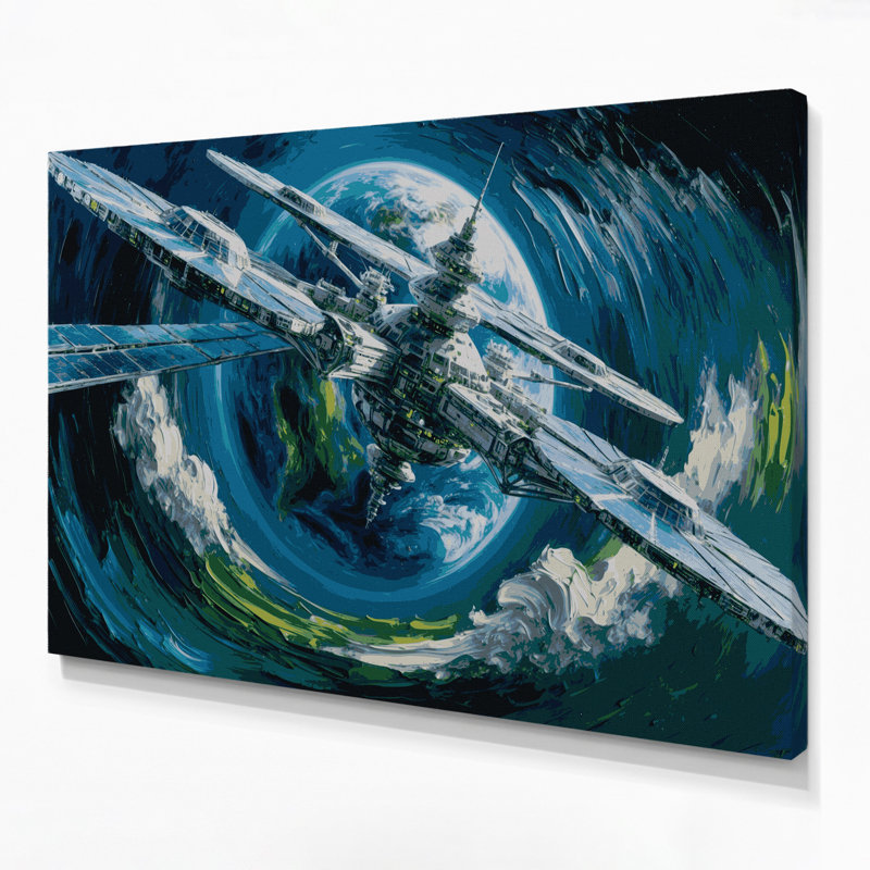 Art mural sur toile bleu, "Sci Fi Space station orbiting Earth", H 12 po x l 18 po