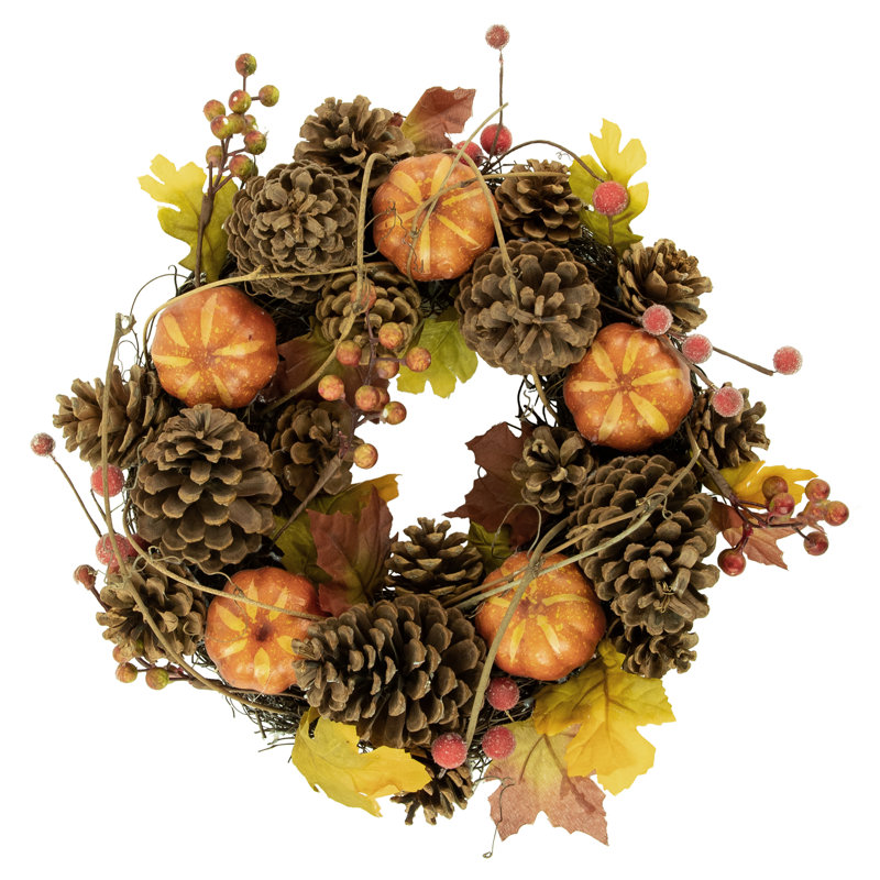 Pinecone And Pumpkin Fall Harvest Wreath 14Inch Unlit
