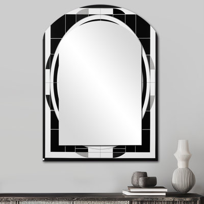 Bauhaus Black And White Circular Minimalism - Geometric Arch Decorative Wall Mirror, Modern Asymmetrical Mirror, Printed Metal Art