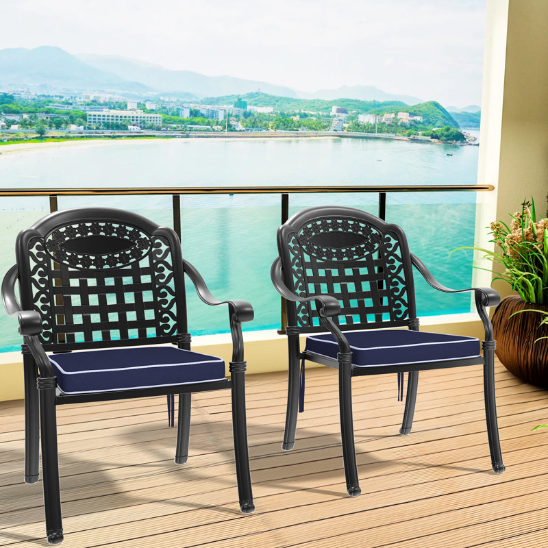 Cast Aluminum Patio Seating, 2Pcs, Black Frame, Protected, Comfy Cushions, Ergonomic Design 2Pcs Armchairs, Finish, Strong And Weather , Slip, Space Saving