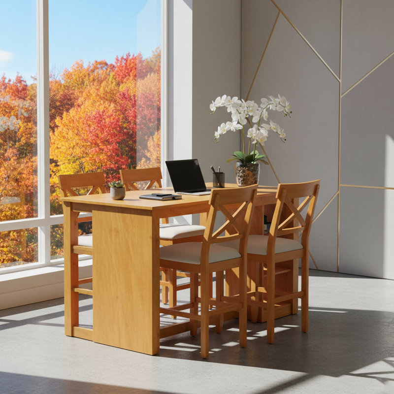 Ensemble de table de salle à manger à hauteur de comptoir 5 pièces avec tablettes de rangement et chaises rembourrées, Brun