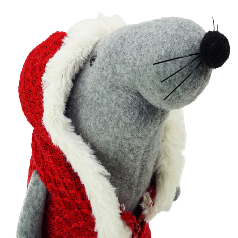 Décoration de table 12 po souris de Noël debout avec manteau à capuchon, Gris et rouge