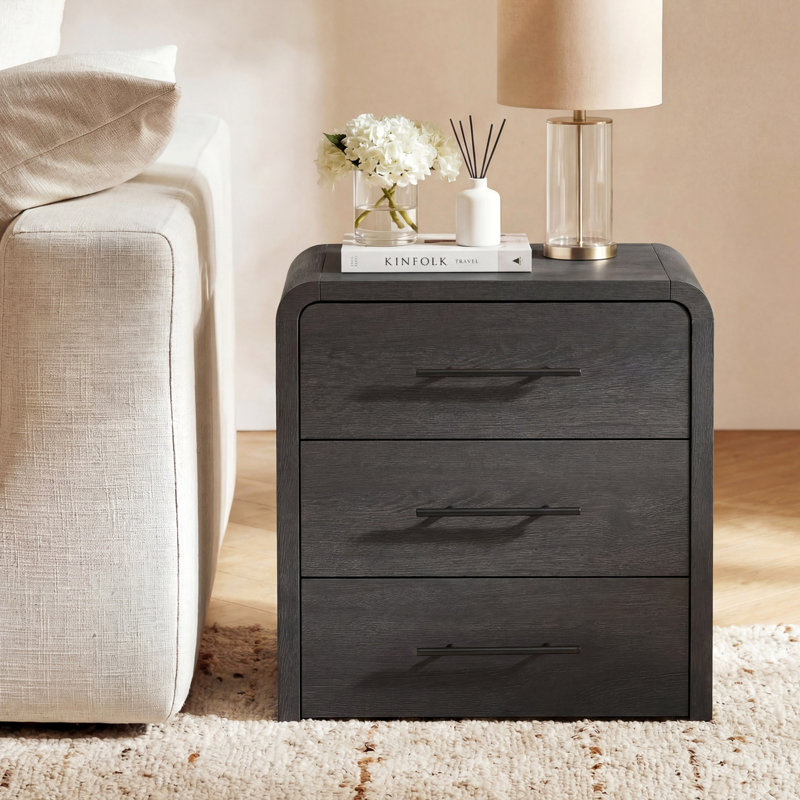 Lydd Curved 3-Drawer Nightstand, Organic Modern Bedside Table with Waterfall Design, Black Wood, Individual