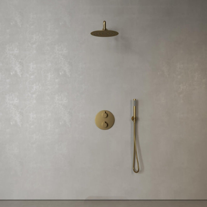 Ensemble de douche thermostatique à 2 fonctions à tête de pluie ronde brossée or 12 po
