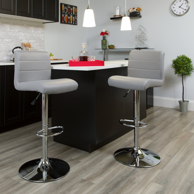 Nusbaum Vinyl Adjustable Height Barstool with Rolled Seat and Chrome Base, Gray