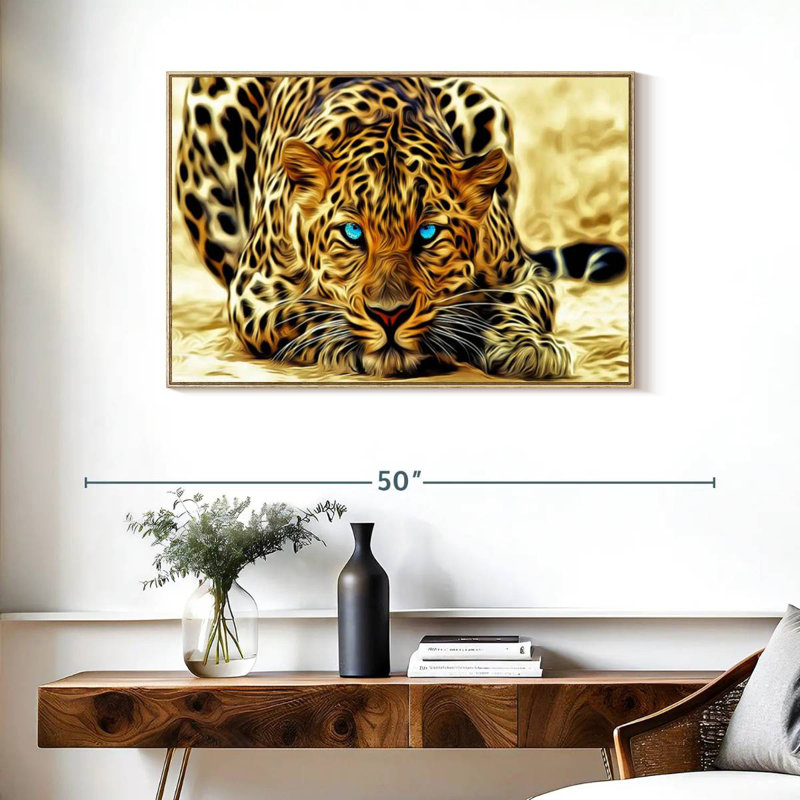 Jaguar aux yeux bleus, Cadre flottant en bois naturel, 37 po x 25 po