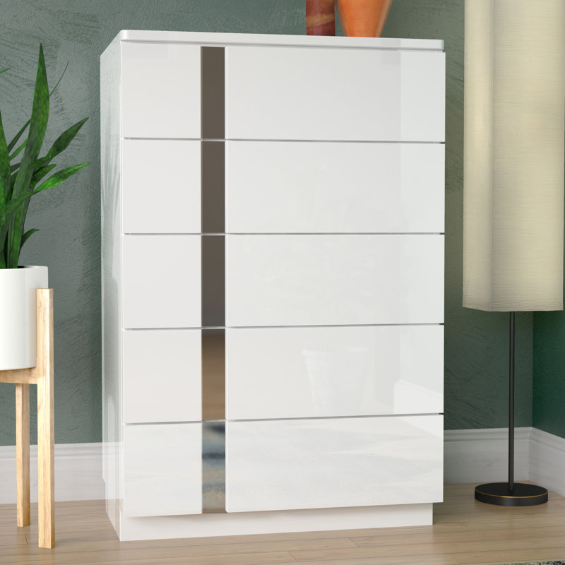 Commode 5 tiroirs Augie, Laque blanche, miroir