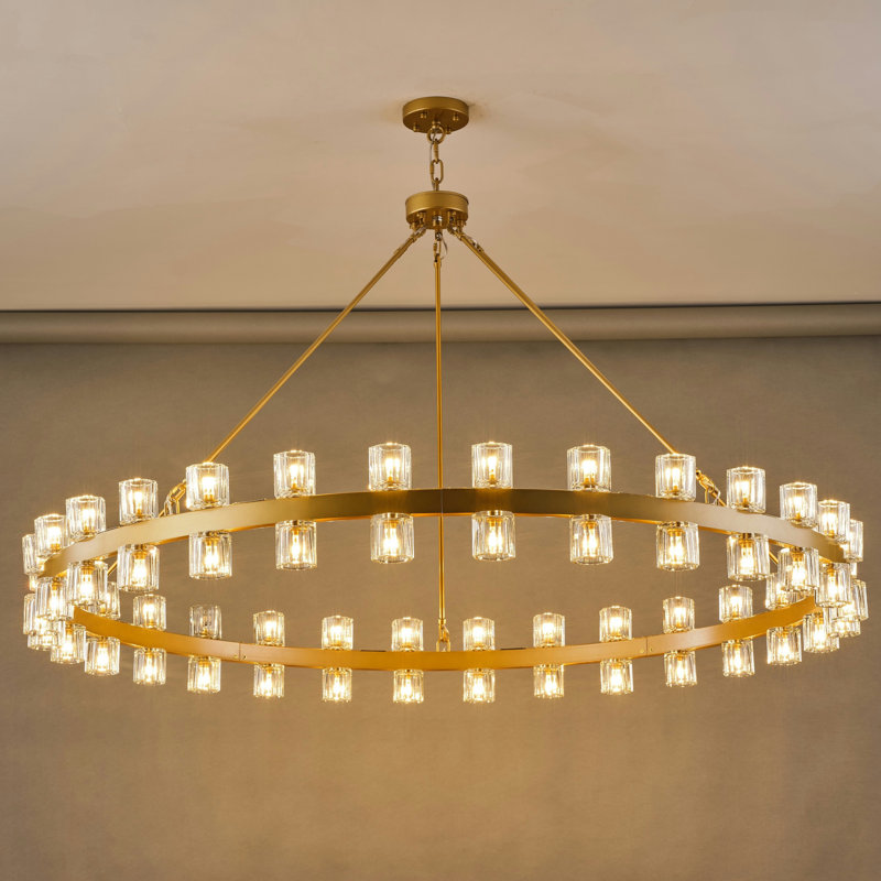 60-Lights Modern Wagon Wheel Chandelier With Crystal Shade, Brass