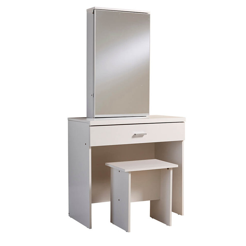 Silender 1 Drawer Dressing Table with Sliding Vanity Mirror and Stool Set, White
