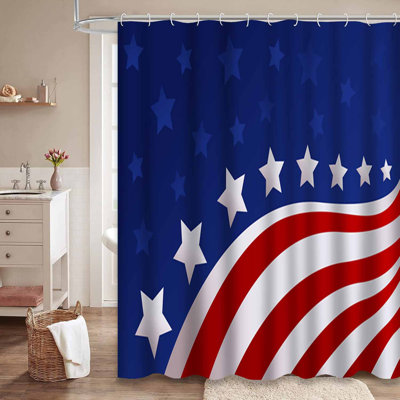 Usa Flag Style Red Blue Stripes White Shower Curtain with 12 Hooks