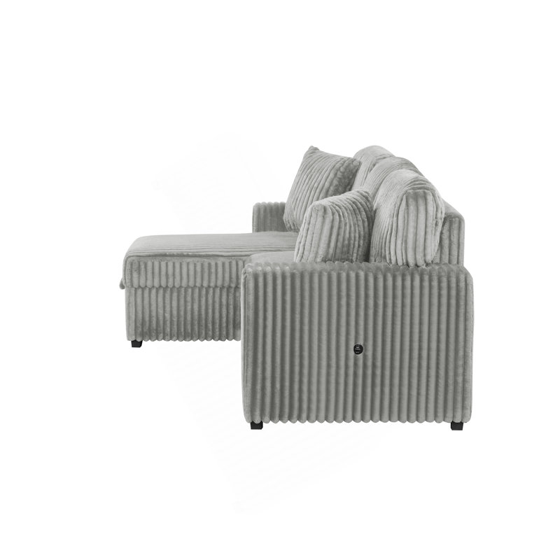 Plush Sectional Sofa W/ Pull Out Sleeper Made With Velvet Fabric, Gray Velvet